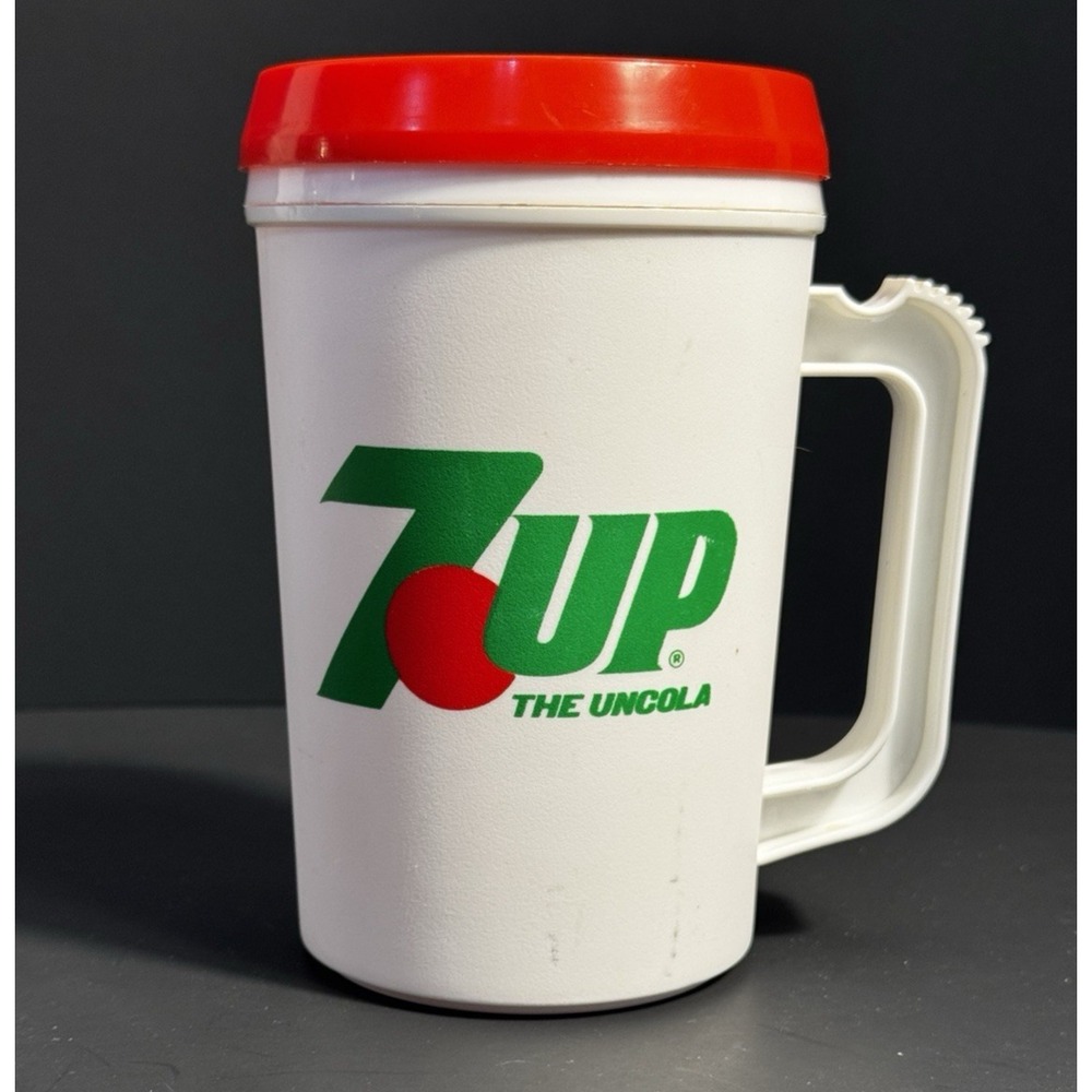 Vintage 7Up The Uncola Insulated Plastic Travel Mug‎ AP Atlanta GA White Red